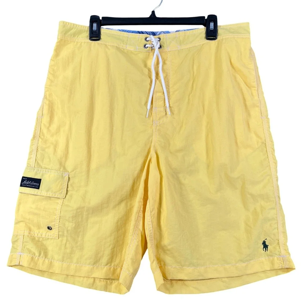 Polo Ralph Lauren Swim Trunks Men L Yellow Cargo Pocket Drawstring Beachwear